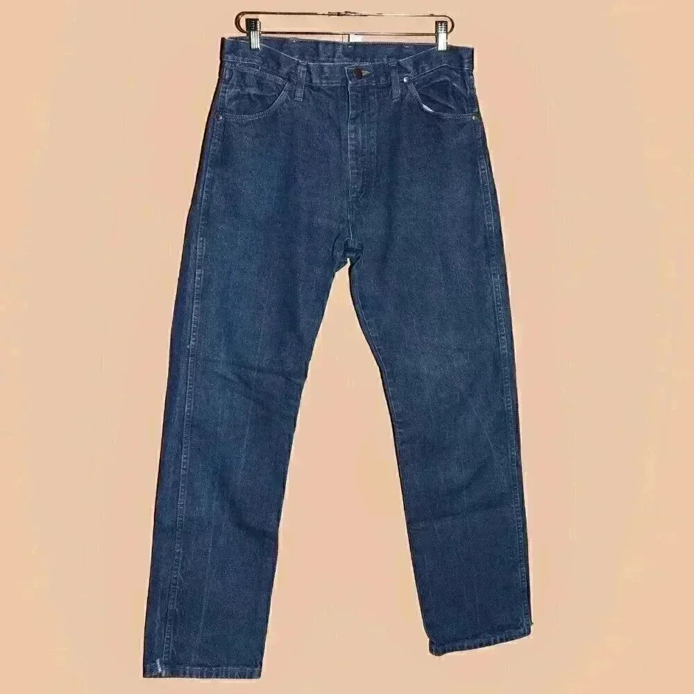 Wrangler Distressed Dark Classic Denim Jeans Size 34x34 Straight Leg Jeans Work - Picture 3 of 5